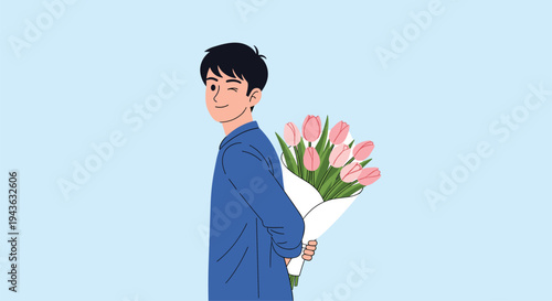 handsome young man with dark hair hides a bouquet of pink tulips behind his back while winking in a charming and romantic cartoon scene.