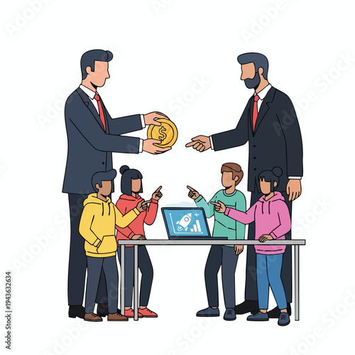 Two men in suits share a gold coin as children look at laptop with rocket graphic