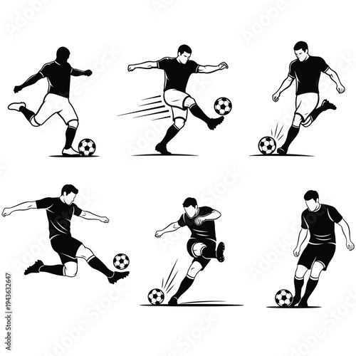 Collection of black and white vector illustrations showing soccer players in different action poses kicking and controlling a football. Dynamic sports movement set isolated on light background. 