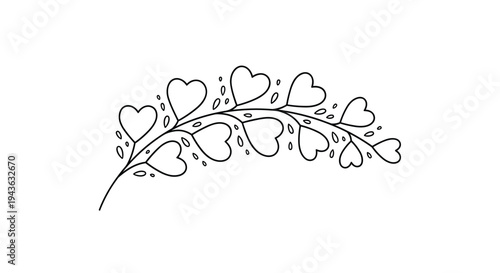 graceful branch adorned with multiple heart-shaped leaves is illustrated in a simple black and white line art style for romantic decorations.