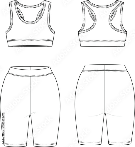 Sports bra sketch, shorts vector, athletic wear clipart, fashion design, garment motif, apparel icon, workout illustration, active silhouette, technical graphic, concept art
