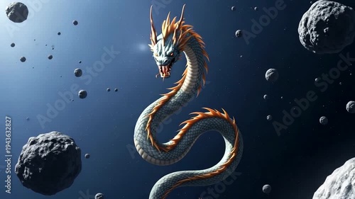 Majestic fantasy dragon serpent floating among asteroids in deep outer space scene.