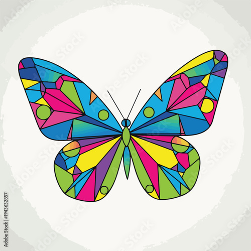 Colorful mosaic-style butterfly illustration with vibrant geometric patterns