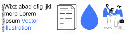 Business communication, corporate teamwork, document sharing, creative collaboration, water resources, professional networking. ion of people, a document and a water drop. Business communication