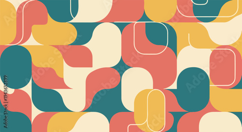 Colorful retro geometric abstract design of various shapes, patterns, and colors