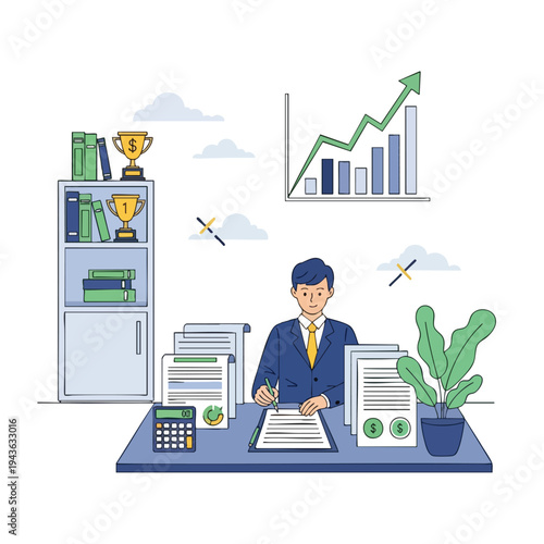 A person in a suit works at a desk with papers, a calculator, and a plant