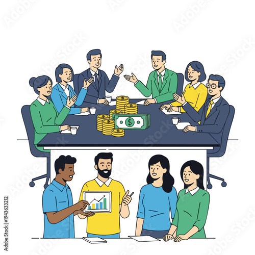 Diverse team discusses finances and charts, stacks of coins and bills on table