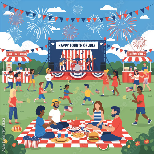 Crowd enjoying festive day with music, food, fireworks, and flags