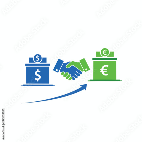 Handshake between dollar and euro institutions with growth arrow