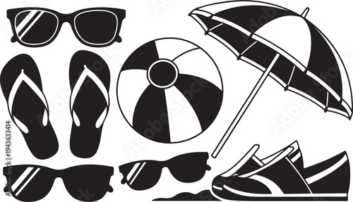 Beach Vacation Icons and Summer Accessories in Black Silhouette