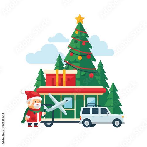 Festive illustration with Santa, tree, airplane, gifts, and a car