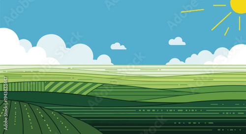Flat illustration of a green countryside scene with clouds and sun
