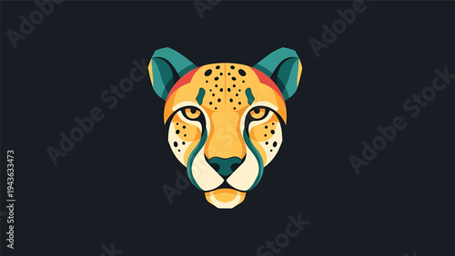 Stylized Geometric Cheetah Head Portrait Vibrant Colors.