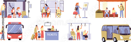 Public transportation illustration collage, bus travel vector, passengers waiting ticket kiosk boarding design, urban mobility art, commuting lifestyle icon set