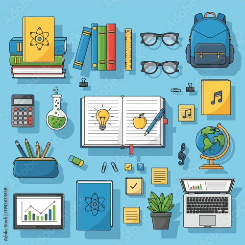 Flat lay illustration with school supplies and academic essentials in cartoon style