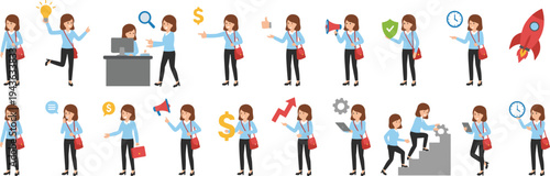 Businesswoman character actions set with marketing, finance, startup and productivity concepts, professional female office worker poses, flat vector illustration collection