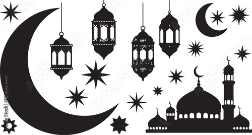 Eid Mubarak Islamic Silhouette with Lanterns and Mosque Decorations