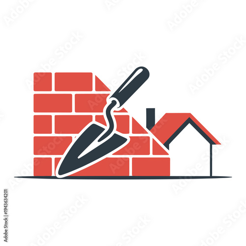 Construction worker building a brick house with a trowel and hammer