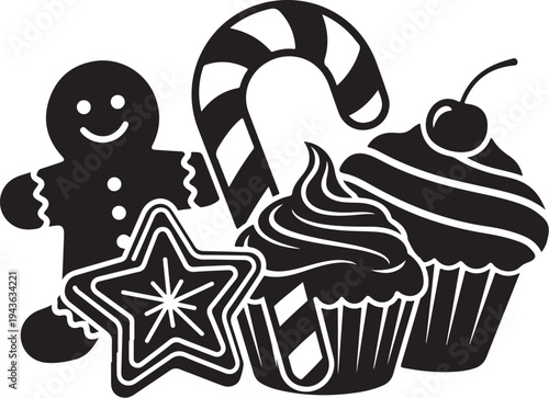 Black and white Christmas sweets and treats illustration set