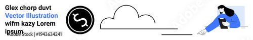 Data storage, cloud computing, digital security, network services, tech solutions, file management. Minimal design a cloud, a storage symbol and a person. Cloud computing and digital security theme