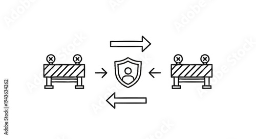 Security Shield Protecting Person Between Barriers with Arrows.