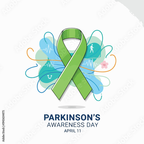Green ribbon with illustrations for a day of Parkinson's awareness