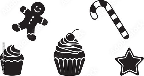 Black and white Christmas sweets and treats illustrations set