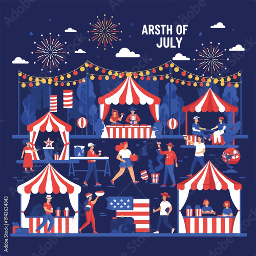 Illustration of a festival scene with tents, fireworks, and people