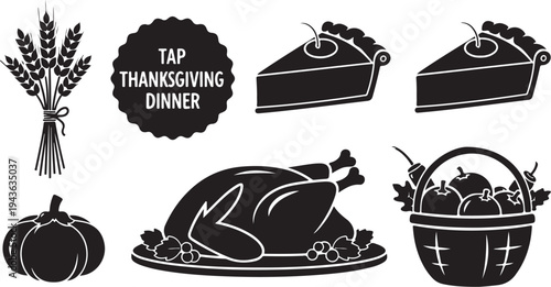 Thanksgiving dinner icons and symbols in black and white