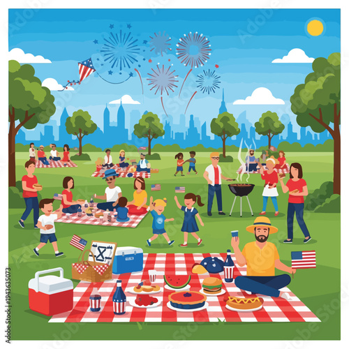Illustration of a park picnic and fireworks with various people enjoying the day