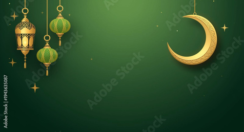 Elegant Ramadan Background with Lanterns and Golden Crescent Moon on Green.