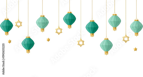 Aesthetic Green Islamic Banner with Traditional Hanging Lamp.