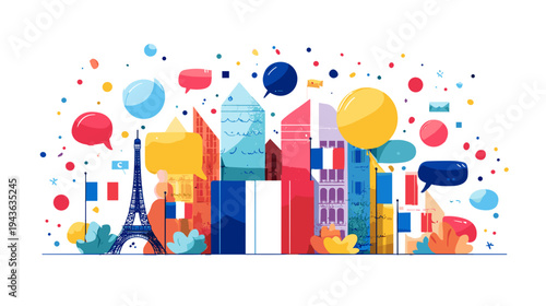 Francophonie Day Paris Cityscape Speech Bubbles French Language Vector