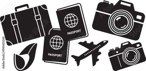 Travel icons including suitcases, passports and cameras for adventure