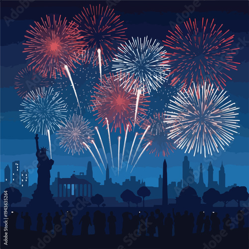 Illustration of fireworks bursting over a silhouetted city skyline at dusk