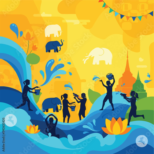 Illustration of people playing with water in a colorful festival