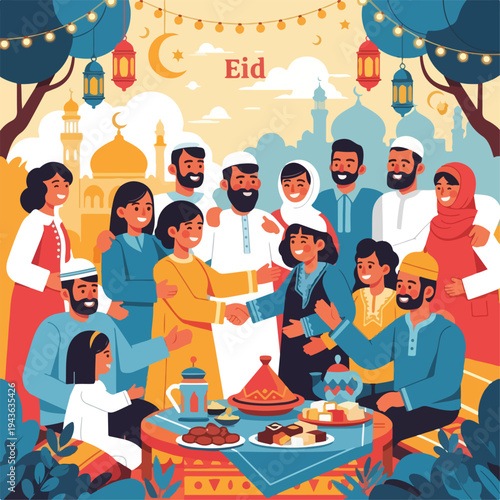 Illustration of people celebrating a holiday with food, greetings, and a mosque backdrop