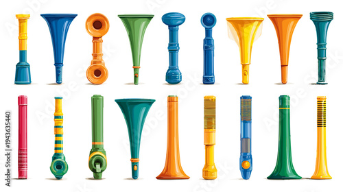 Sports Fan Vuvuzela Noisemaker Collection Supporter Instruments Vector Set