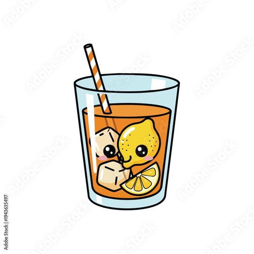 Cute Cartoon Iced Tea Drink with Lemon and Straw.