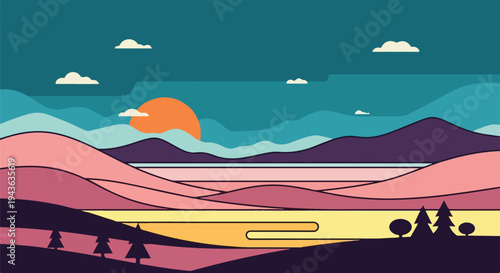 Minimalist landscape featuring mountains, a lake, clouds, and a sunrise