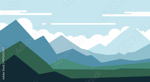 Minimalist landscape of layered mountains and clouds under a blue sky