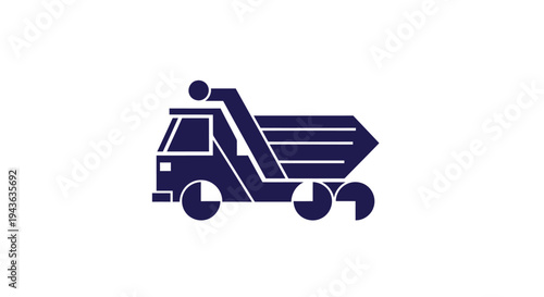 Simple Dark Blue Dump Truck Icon on White Background.