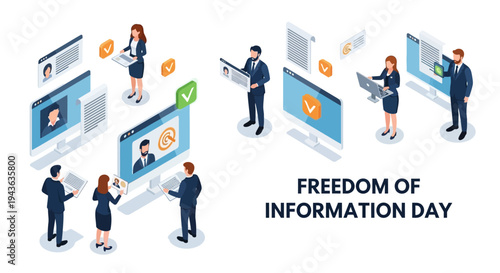 Illustration of business professionals interacting with large screens displaying information on Freedom of Information Day with a design concept.