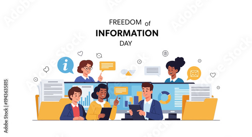 Illustration of people working on computers celebrating Freedom of Information Day with a design concept representing the right to information and public access.