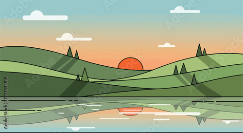 Minimalist landscape scene, sun setting over hills and reflecting in water