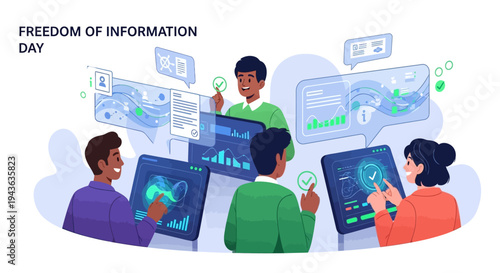 Illustration of people accessing information on computers, celebrating Freedom of Information Day with a design concept highlighting public access to data and the right to information.