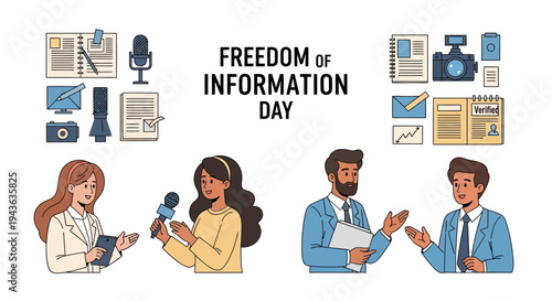 Illustration of people communicating on Freedom of Information Day with various media and documents around them in a colorful design.
