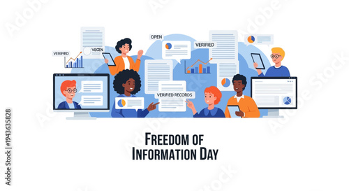 Illustration of people working on computers and devices to celebrate Freedom of Information Day with a design concept emphasizing public access to information.