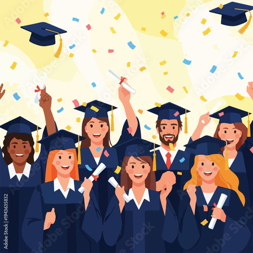 Group of diverse graduates celebrate with caps and confetti