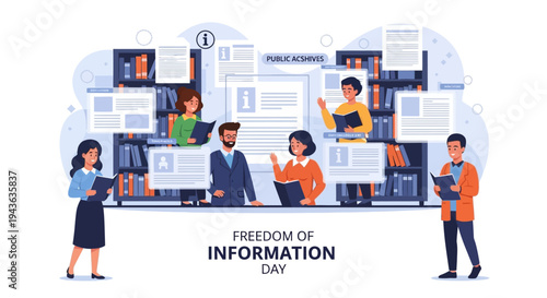 Illustration of diverse people interacting with documents on Freedom of Information Day with a design concept against a white background.
